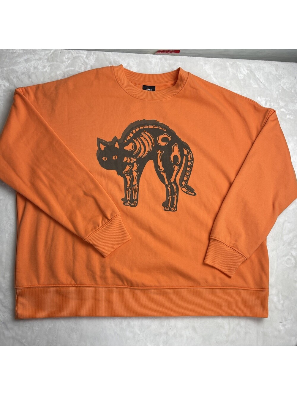 Hyde And Eek Women’s Orange Cozy Sweatshirt With Black Skeleton Cat Medium